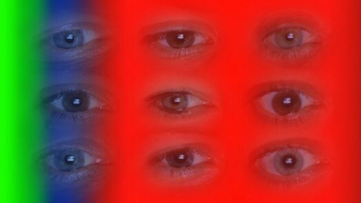 Verschiedene Augenpaare auf rot-blau-grünem Hintergrund.