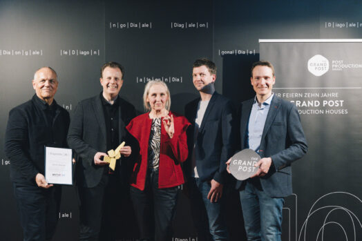 Marcus Mittermeier (watchAUT), Landesrat Karlheinz Kornhäusl, Marco Zinz und Alexander Fischbacher (The Grand Post – Post Production Houses) mit Angela Summereder © Harald Wawrzyniak