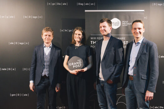 Johannes Rauchenberger (KULTUM) sowie Marko Zinz und Alexander Fischbaer (The Grand Post – Post Production Houses) mit Sophie Bösker © Harald Wawrzyniak